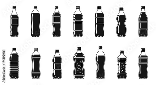 Collection of various dark liquid plastic bottles in different shapes and sizes.