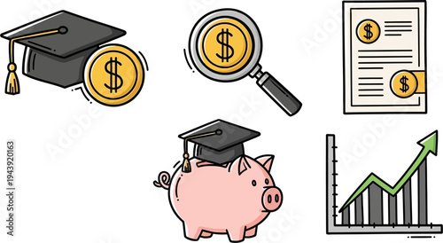 Icons representing financial planning, education costs, savings, investment, and economic growth with graduation caps, piggy bank, and charts.