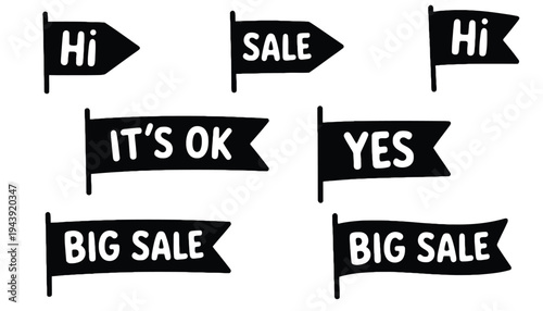 A set of black and white sale banners with various messages