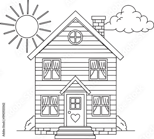 Simple line of a house with a sun and cloud home building architecture outline