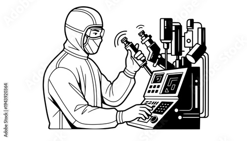 Technician in protective gear working with a robotic arm in a factory