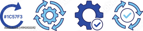 Set of Blue Automation Icons Featuring Gears Synchronization Arrows and Checkmarks for Software Updates System Maintenance and Efficient Business Processes