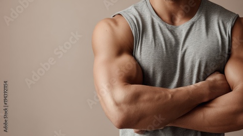 close up of muscular man shows off his muscles on beige background with copy space