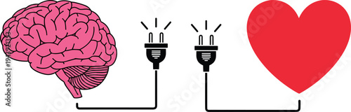 Brain and heart connection concept with electrical plugs, balancing logic and emotion, mental health awareness, and spiritual harmony between mind, feeling