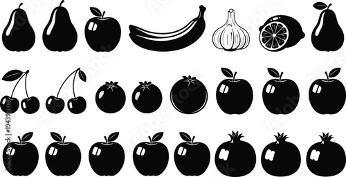 fruit silhouette icon collection, black fruit vector set, apple pear banana lemon cherry pomegranate icons, healthy food symbols