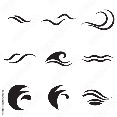 Ocean Wave Line Icons. Minimal  line icons of ocean waves and water patterns representing sea motion, surf shapes, and aquatic design elements.