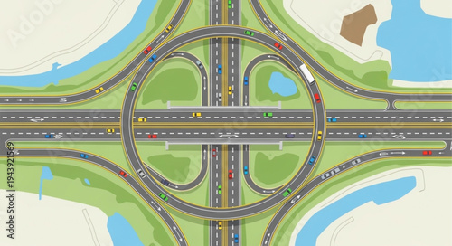 Aerial View of a Highway Interchange with a Roundabout.