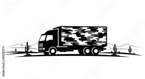 Camouflage Truck in Desert Landscape with Cacti and Mountains