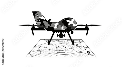 Camouflaged Drone Hovering Over Tactical Map, Military Surveillance and Reconnaissance Concept