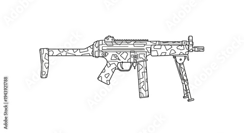 Camouflaged Submachine Gun with Bipod - Outline Drawing