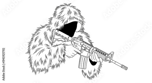Camouflaged Sniper with Assault Rifle Aiming Forward - Black and White Illustration