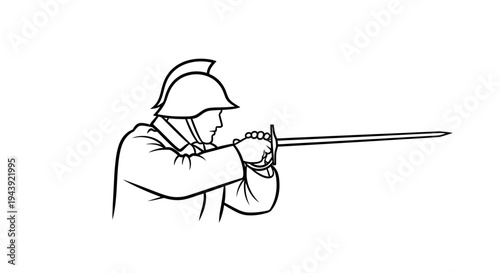 Fencer in helmet holding sword in attack pose, historical combat illustration