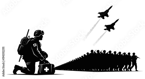 Medic Soldier with First Aid Kit and Fighter Jets Flying Over Army Troops