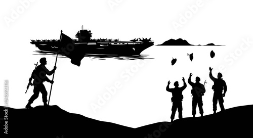 Military Aircraft Carrier and Soldiers Silhouette Landing on Island
