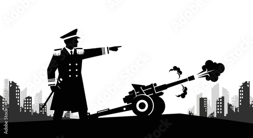 Military Commander Directs Artillery Fire in Urban Warfare Silhouette