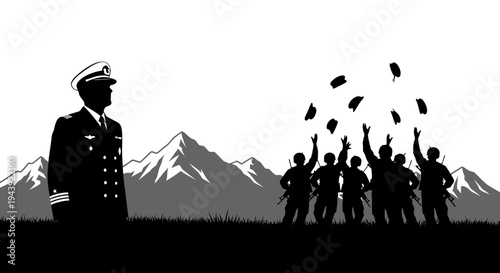 Military Commander Watches Soldiers Celebrate Victory, Throwing Hats in Air