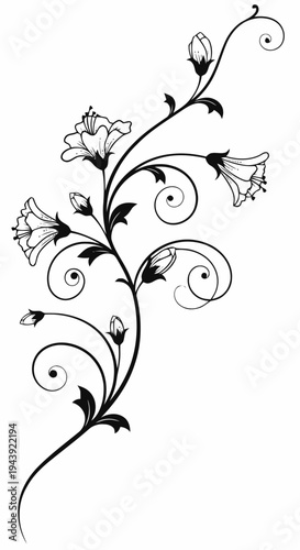 Elegant Decorative Floral Swirls with Bell Flowers and Buds, Ideal for Artistic Designs and Embellishments