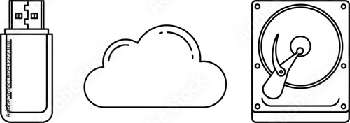 Set of digital data storage icons featuring USB flash drive cloud and hard disk drive in a minimalist outline style perfect for technology concepts