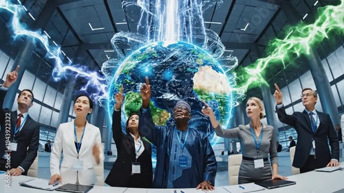 Diverse Business Team in Control Room with Global Data and Energy Streams.