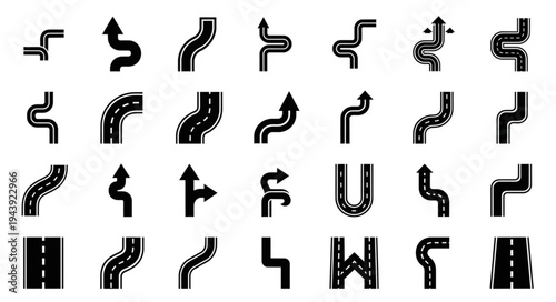 Diverse Collection of Road and Path Icons in Black Silhouette.