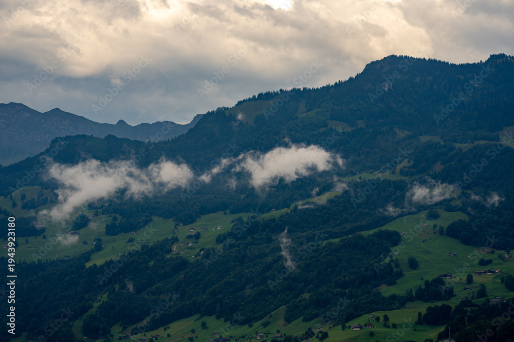 Fototapeta premium Scenic summer view of Alpine village. Switzerland. Alpine landscape with lake in Stansstad. Lake Lucerne. Vierwaldstatersee. Switzerland, Panoramic view on green Alps and lake Lucerne.