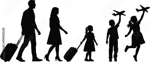 Silhouette of a happy family with father, mother, and children carrying suitcases and toy planes, traveling for a summer vacation.