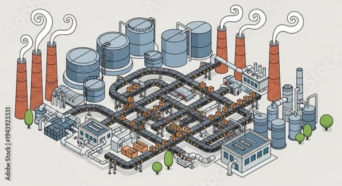 Industrial factory with smokestacks.