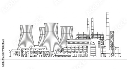 Industrial factory with smokestacks.
