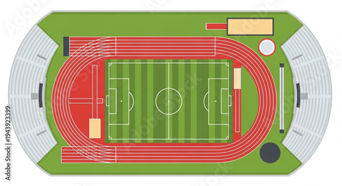 Aerial View of a Sports Stadium with Running Track and Field.