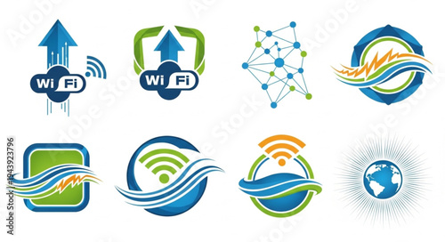Collection of Wi-Fi and Connectivity Logos with Global Network Themes.