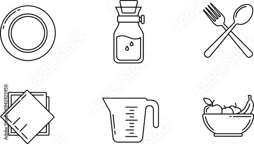 Set of minimalist kitchen and dining line art icons simple vector design elements for food apps restaurant menus and web interfaces isolated on white background