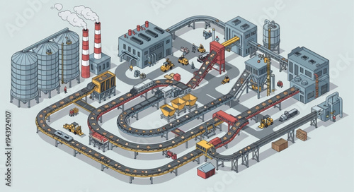 Industrial factory with train tracks.