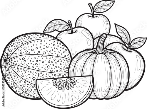 Coloring page of fresh fruits and vegetables a black and white illustration of a melon pumpkin apples and sliced melon for kids coloring book
