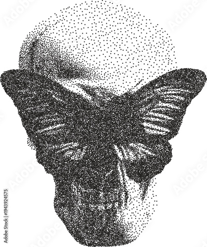 Skull vintage y2k stipple art, bones halftone stipple brutalist retro vector png with transparent background, macabre 2000s aesthetic photocopy effect tattoo