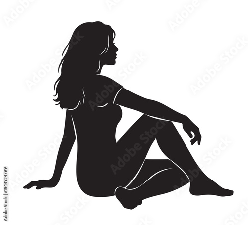 Elegant vector silhouette illustration of a graceful woman seated in a thoughtful pose, depicting femininity and serene contemplation in a minimalist graphic style
