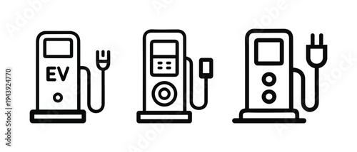 Electric Vehicle Charging Station Line Icons Set – EV Charger Plug and Charging Point Vector