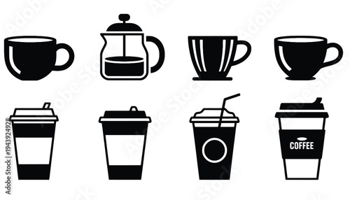 Coffee cup vector icons and silhouettes for design and branding purposes