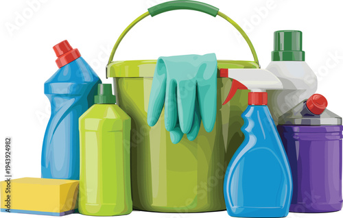Household cleaning supplies set with bucket gloves spray bottles detergent and sponge flat vector illustration home cleaning equipment isolated on white background