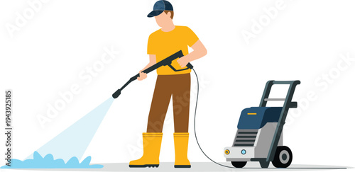 Worker using pressure washer vector illustration showing power washing cleaning service equipment and outdoor maintenance concept