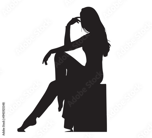 Elegant silhouette of a contemplative woman in a seated pose, exuding grace and thoughtful beauty, perfect for design elements requiring a stylized female figure and artistic representation