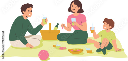 Family picnic outdoor activity vector illustration with parents and child enjoying snacks drinks and leisure time on picnic blanket