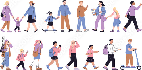 People walking daily life vector set with pedestrians students parents and scooter rider urban lifestyle characters