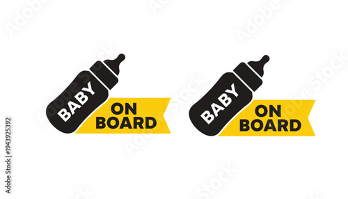 A baby on board sticker with a bottle icon and yellow banner