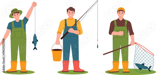 Fishermen characters fishing activity vector set with fishing rod bucket net and outdoor hobby fishing concept