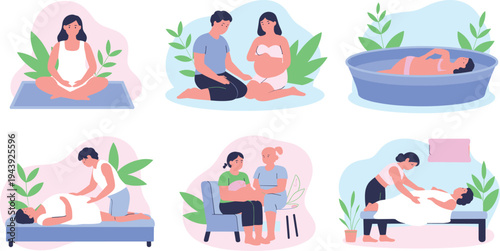 Pregnancy and maternity care vector set with prenatal yoga expecting couple childbirth support and healthcare consultation scenes