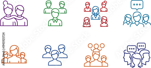 Collection of diverse outline icons representing groups of people, teamwork, communication, and social interaction in various configurations.
