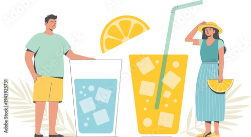 Refreshing summer lemonade drinks vector illustration with people and cold beverage glasses ice cubes and citrus slices