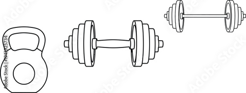 Collection of fitness gym equipment featuring a kettlebell dumbbell and barbell in a clean outline vector style ideal for health and exercise apps