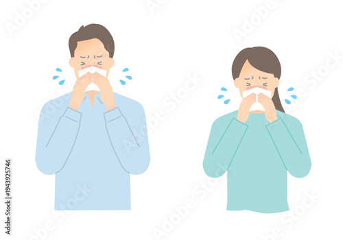 鼻をかむ男女のイラストベクター素材