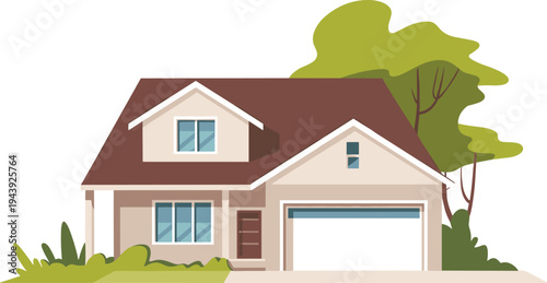 Suburban residential house vector illustration with garage windows garden and modern family home exterior architecture design